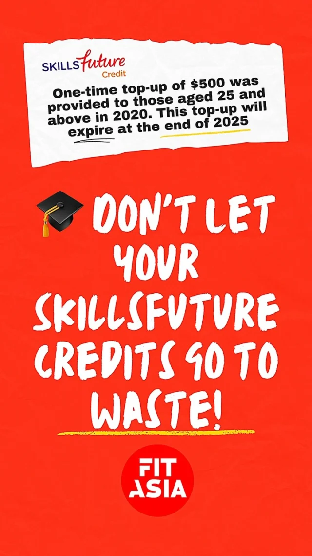 SkillsFuture Credits are expiring on 31st December 2025, and if you haven’t used yours yet now’s the time to act. Don’t let your credits go to waste when you could be using them to upgrade your skills, earn industry-recognised fitness certifications, or even kickstart a brand-new career in health and wellness. At FIT Asia, our courses are SkillsFuture-eligible and designed to help you grow professionally and personally. With the expiry date fast approaching, plan ahead, secure your spot, and make your credits count. DM us or click the link in bio to find out how to use your credits before it’s too late! #fitnesseducation #personaltrainers #fitnessprofessional #skillsfuturesg